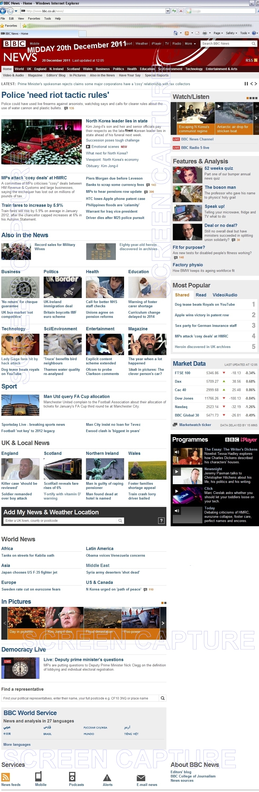 BBC NEWS FRONT PAGE at Midday 20 December 2011.