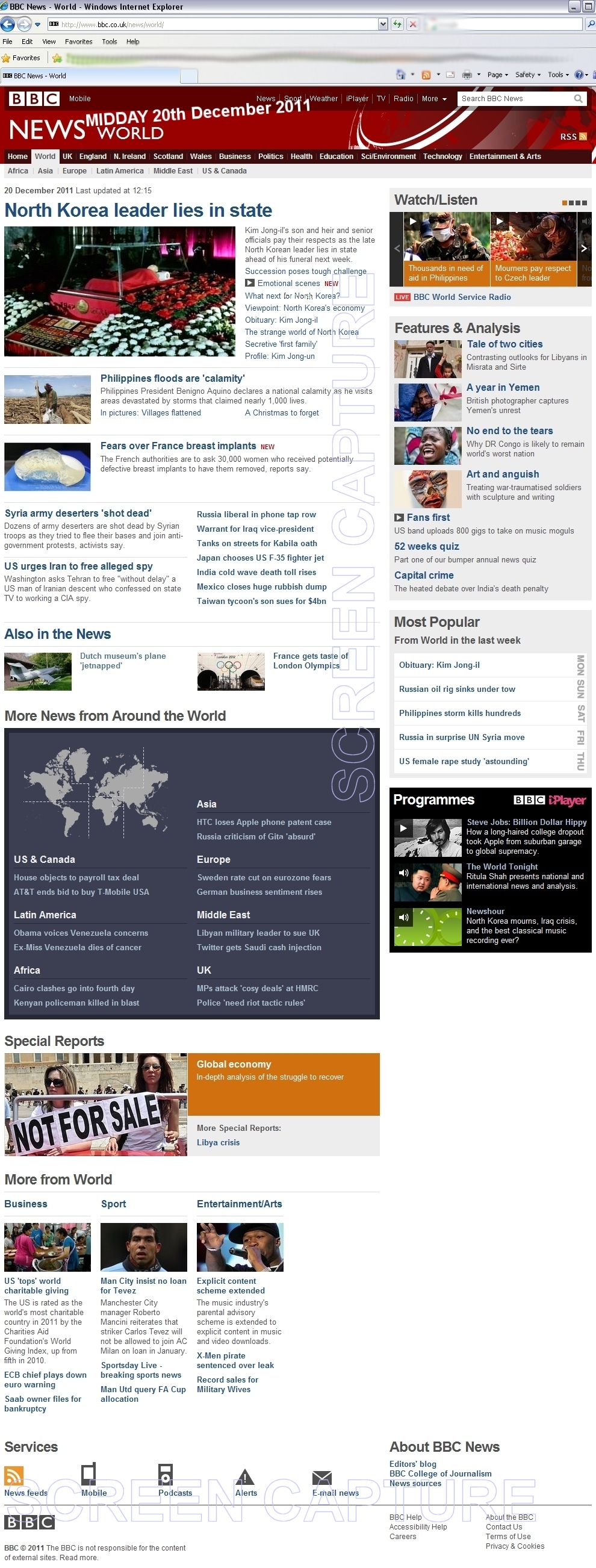 BBC NEWS WORLD PAGE at Midday 20 December 2011.